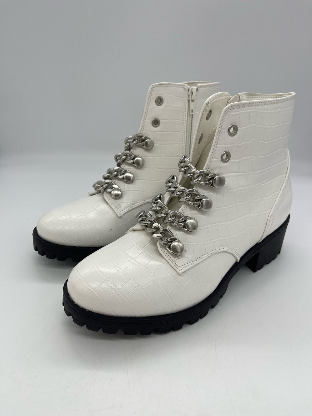 Women's White Sugar OBVI Moto Combat Crocadile Boots Size 7.5